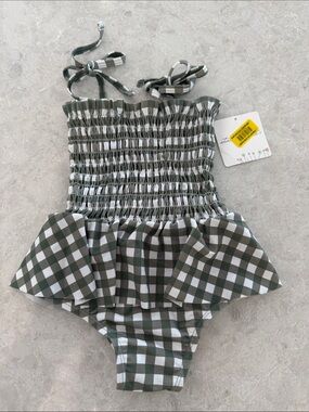 Starting Out Green and White Gingham Smocked One-Piece Swimsuit